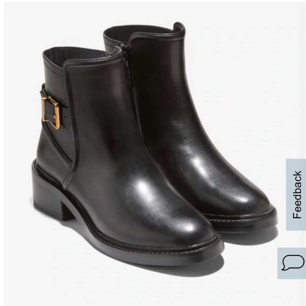 Black Leather Ankle Boot with Gold Buckle - Women's